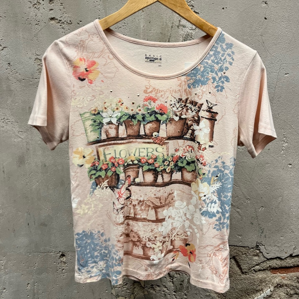 Vintage Y2K Cottage Core Pink Cat Floral Flower Graphic Rhinestone Baby Tee Top
